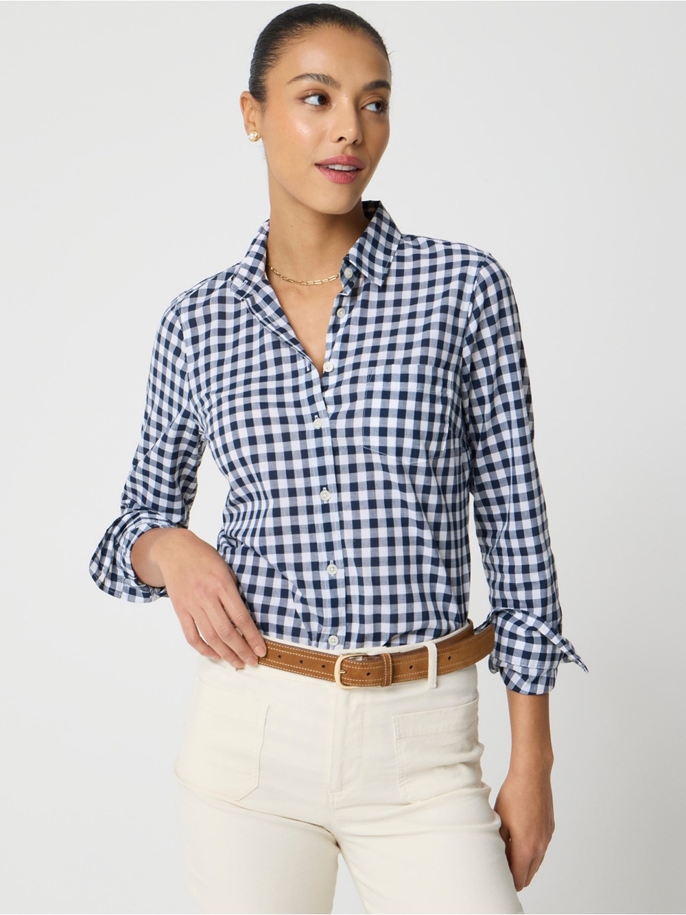 J. Crew Navy and White Gingham Button-Down Shirt in Signature Fit. 100% Cotton.